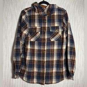Women's Navy and Brown Plaid Button Down Shirt